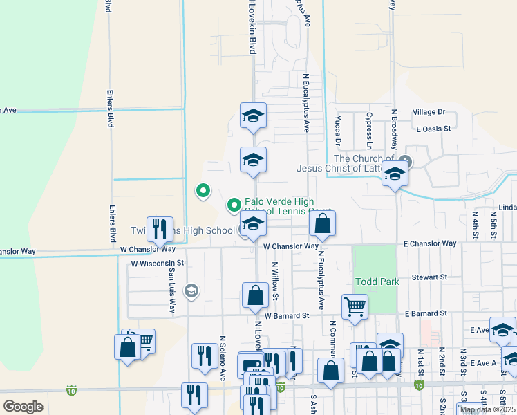 map of restaurants, bars, coffee shops, grocery stores, and more near 550 North Lovekin Boulevard in Blythe