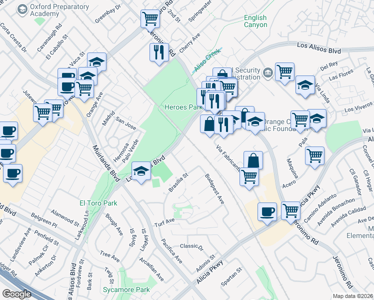 map of restaurants, bars, coffee shops, grocery stores, and more near 23582 Rangoon Street in Mission Viejo