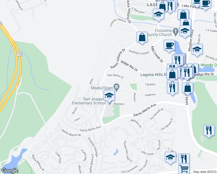 map of restaurants, bars, coffee shops, grocery stores, and more near 23601 Marsala in Laguna Hills