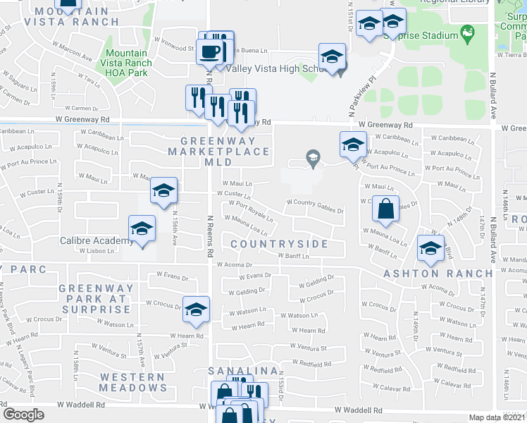 map of restaurants, bars, coffee shops, grocery stores, and more near 15352 W Port Royale Ln in Surprise