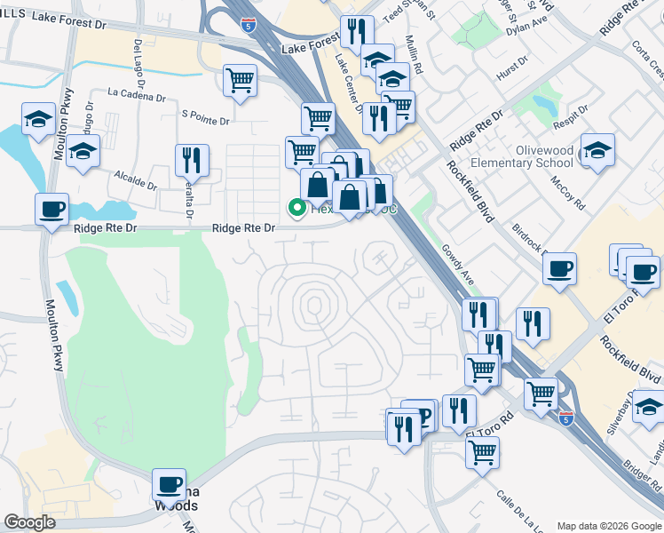map of restaurants, bars, coffee shops, grocery stores, and more near 2347 Via Mariposa East in Laguna Woods