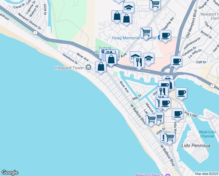 map of restaurants, bars, coffee shops, grocery stores, and more near 4210 Seashore Drive in Newport Beach