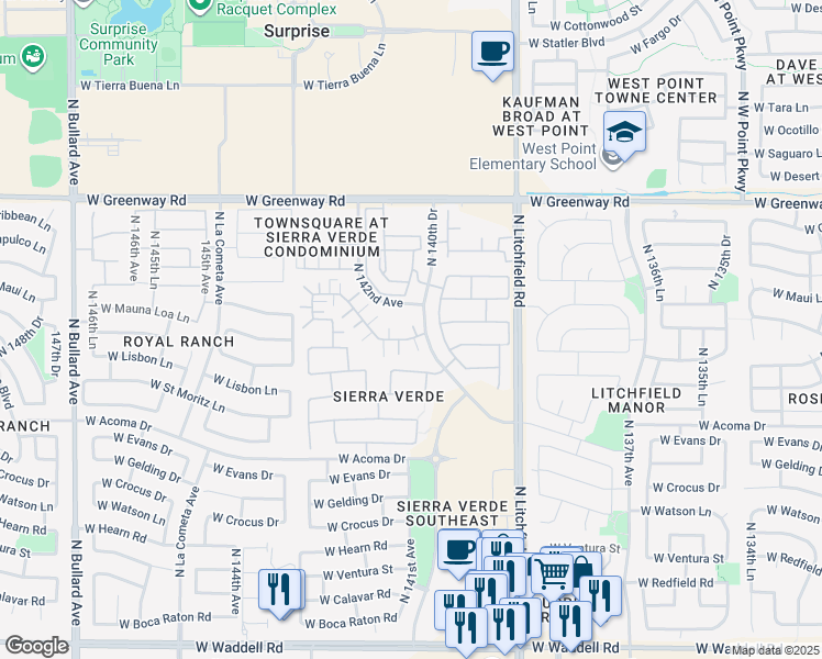 map of restaurants, bars, coffee shops, grocery stores, and more near 14038 West Country Gables Drive in Surprise