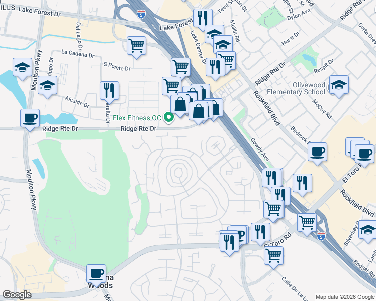 map of restaurants, bars, coffee shops, grocery stores, and more near 2353 Via Mariposa East in Laguna Woods
