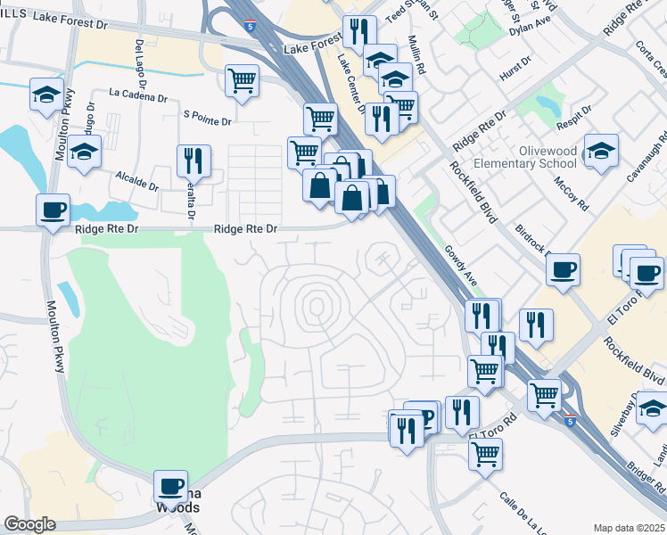 map of restaurants, bars, coffee shops, grocery stores, and more near 2355 Via Mariposa East in Laguna Woods