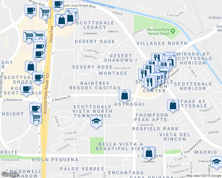 map of restaurants, bars, coffee shops, grocery stores, and more near 9280 East Raintree Drive in Scottsdale