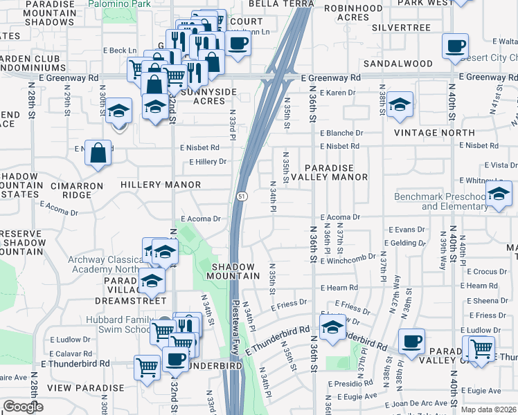 map of restaurants, bars, coffee shops, grocery stores, and more near 3429 E Everett Dr in Phoenix