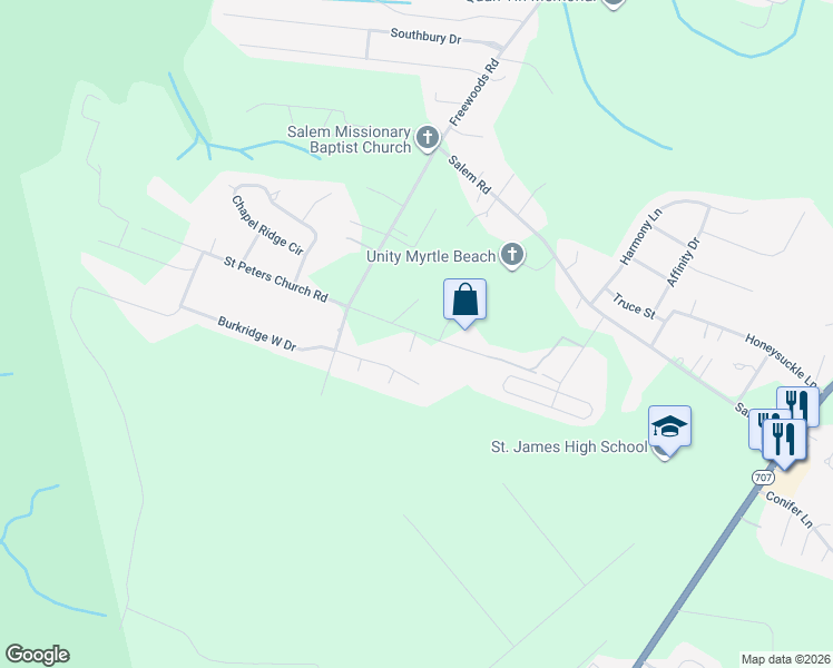 map of restaurants, bars, coffee shops, grocery stores, and more near 6165A Saint Peters Church Road in Myrtle Beach