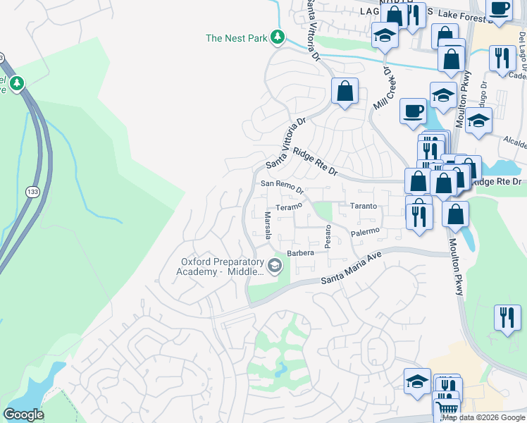 map of restaurants, bars, coffee shops, grocery stores, and more near 23601 Marsala in Laguna Hills