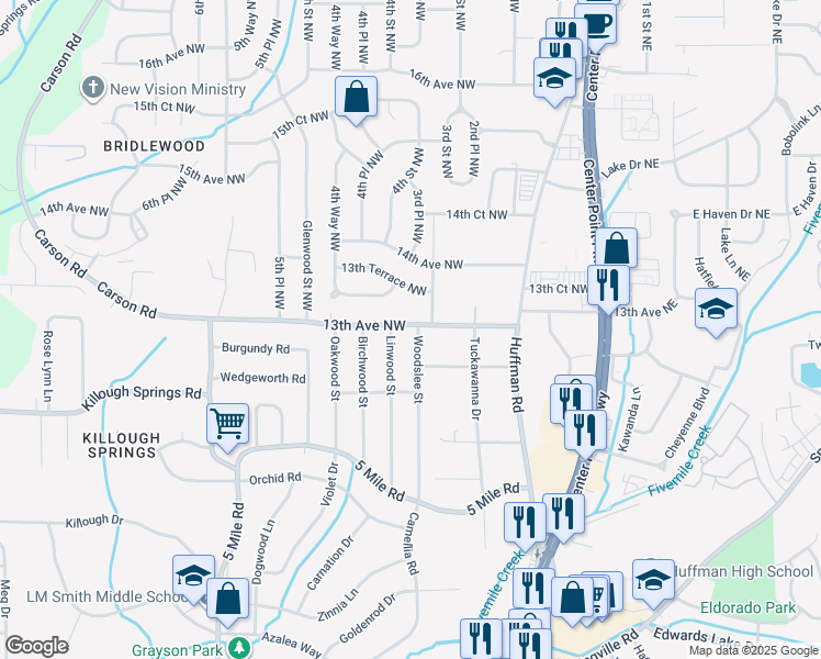 map of restaurants, bars, coffee shops, grocery stores, and more near 1240 Woodslee Street in Birmingham