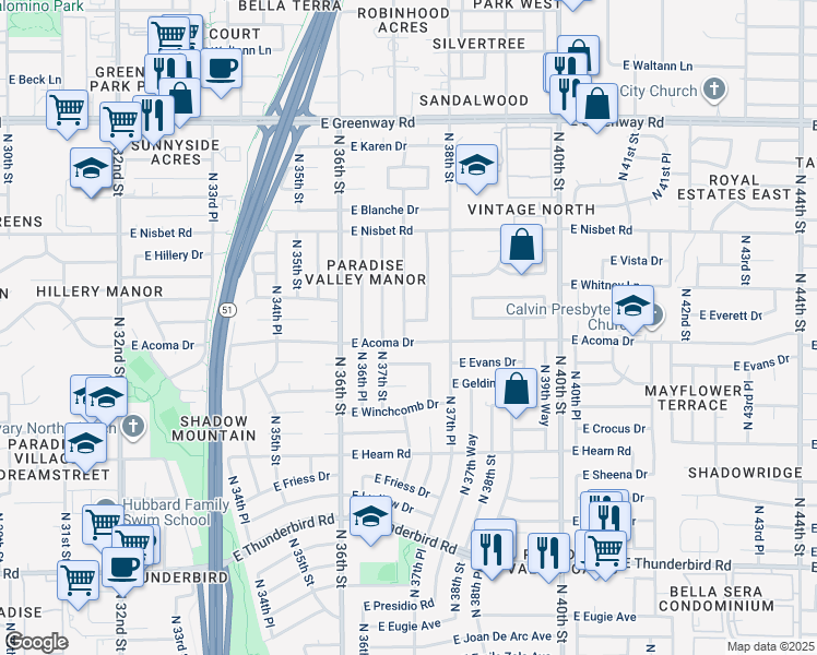 map of restaurants, bars, coffee shops, grocery stores, and more near 3725 E Claire Dr in Phoenix