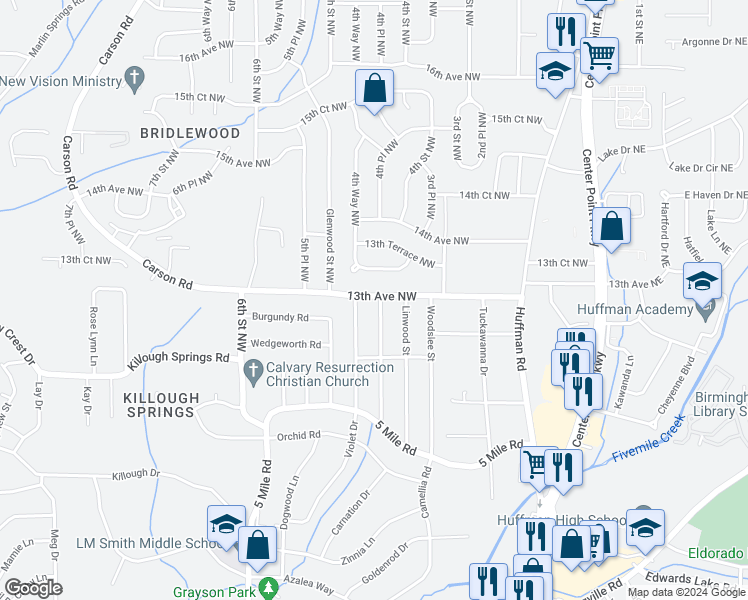 map of restaurants, bars, coffee shops, grocery stores, and more near 1240 Birchwood Street in Birmingham
