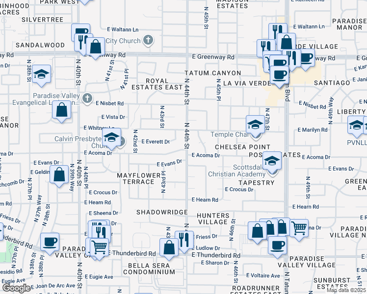 map of restaurants, bars, coffee shops, grocery stores, and more near 14618 North 44th Street in Phoenix