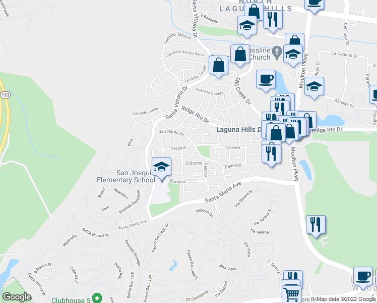 map of restaurants, bars, coffee shops, grocery stores, and more near 23605 Messina in Laguna Hills