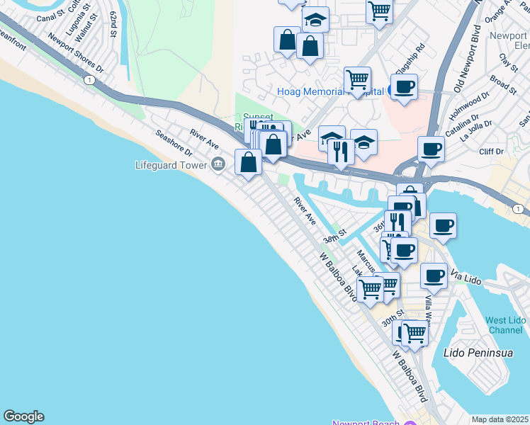 map of restaurants, bars, coffee shops, grocery stores, and more near Seashore Dr & 43rd St in Newport Beach