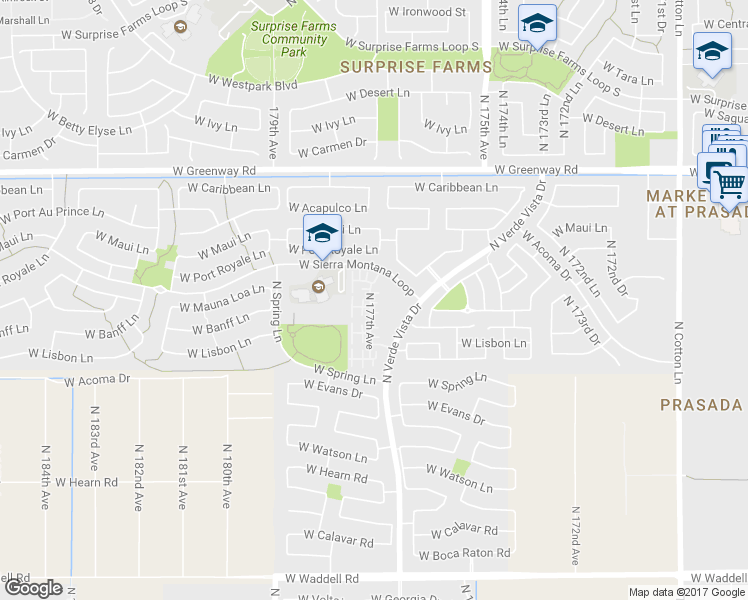 map of restaurants, bars, coffee shops, grocery stores, and more near 14879 North 177th Avenue in Surprise