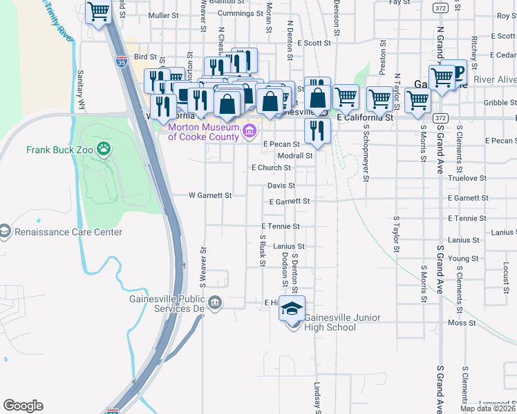 map of restaurants, bars, coffee shops, grocery stores, and more near 611 South Rusk Street in Gainesville