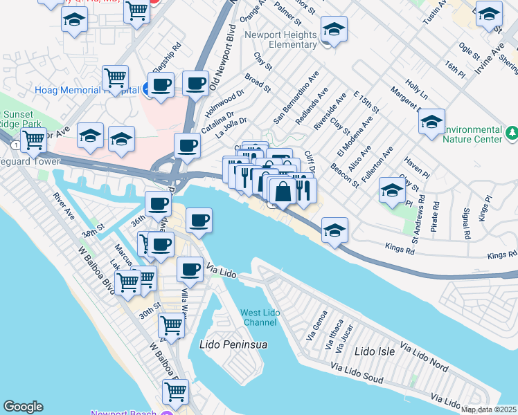 map of restaurants, bars, coffee shops, grocery stores, and more near 2729 West Coast Highway in Newport Beach
