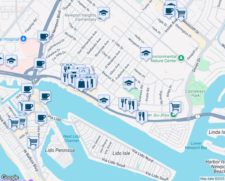 map of restaurants, bars, coffee shops, grocery stores, and more near 2208 Cliff Drive in Newport Beach