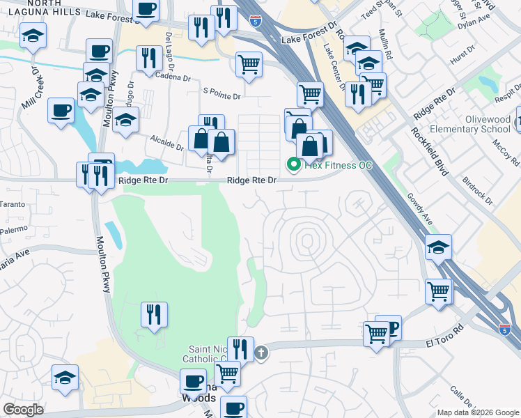 map of restaurants, bars, coffee shops, grocery stores, and more near 2402 Via Mariposa West in Laguna Woods