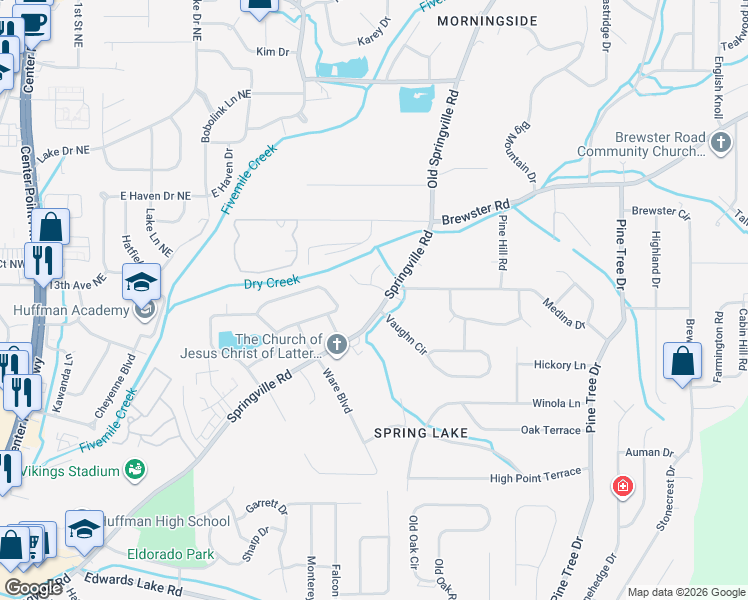 map of restaurants, bars, coffee shops, grocery stores, and more near 1409 Springville Road in Birmingham