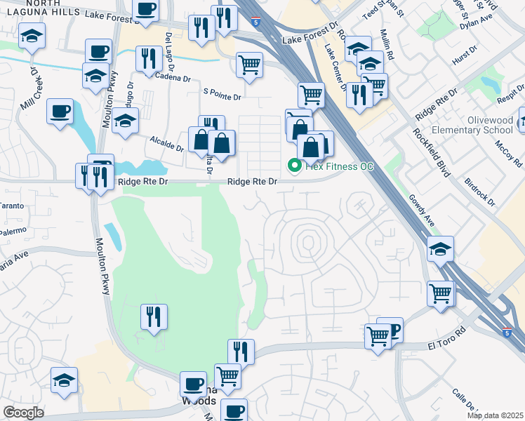 map of restaurants, bars, coffee shops, grocery stores, and more near 2402 Via Mariposa West in Laguna Woods