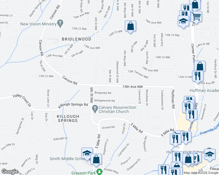 map of restaurants, bars, coffee shops, grocery stores, and more near 417 13th Avenue Northwest in Center Point
