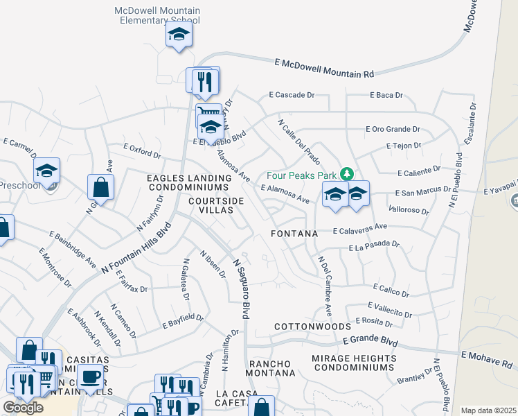 map of restaurants, bars, coffee shops, grocery stores, and more near 14631 North Kings Way in Fountain Hills