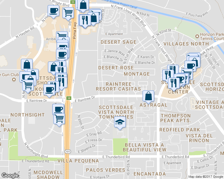 map of restaurants, bars, coffee shops, grocery stores, and more near 9100 East Raintree Drive in Scottsdale