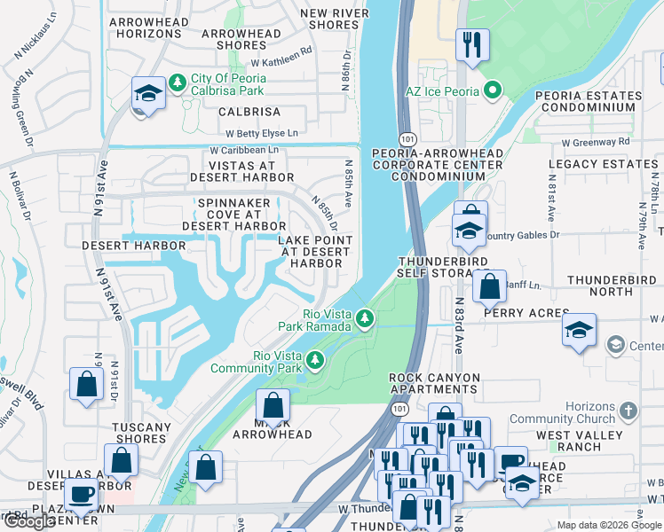map of restaurants, bars, coffee shops, grocery stores, and more near 14914 North 85th Drive in Peoria