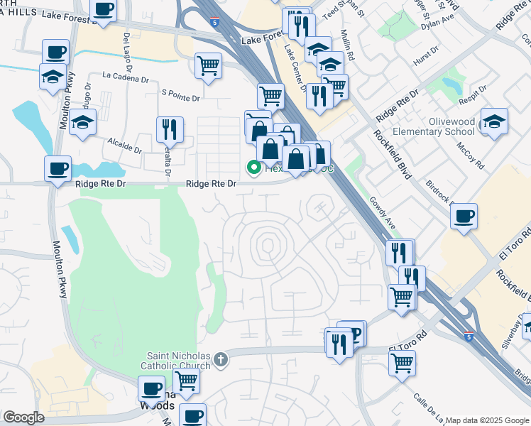 map of restaurants, bars, coffee shops, grocery stores, and more near 2276 Via Mariposa East in Laguna Woods