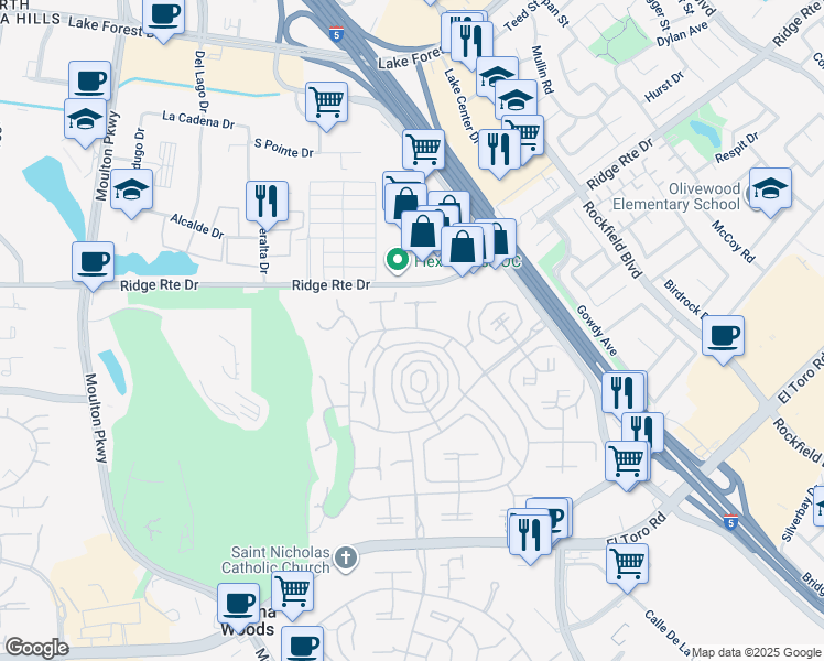 map of restaurants, bars, coffee shops, grocery stores, and more near 2276 Via Mariposa East in Laguna Woods
