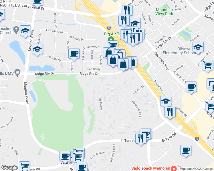 map of restaurants, bars, coffee shops, grocery stores, and more near 2276 Via Mariposa East in Laguna Woods