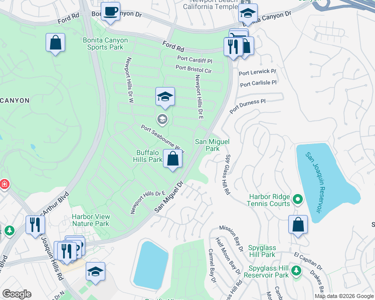 map of restaurants, bars, coffee shops, grocery stores, and more near 1990 Port Seabourne Way in Newport Beach