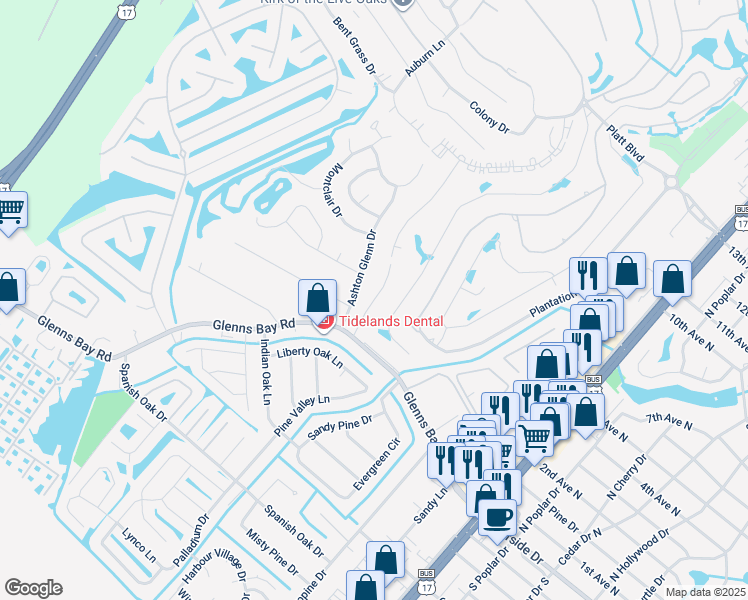 map of restaurants, bars, coffee shops, grocery stores, and more near 222A Garden Drive in Surfside Beach