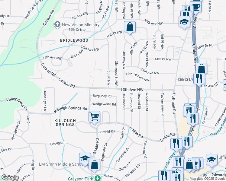 map of restaurants, bars, coffee shops, grocery stores, and more near 405 13th Avenue Northwest in Center Point
