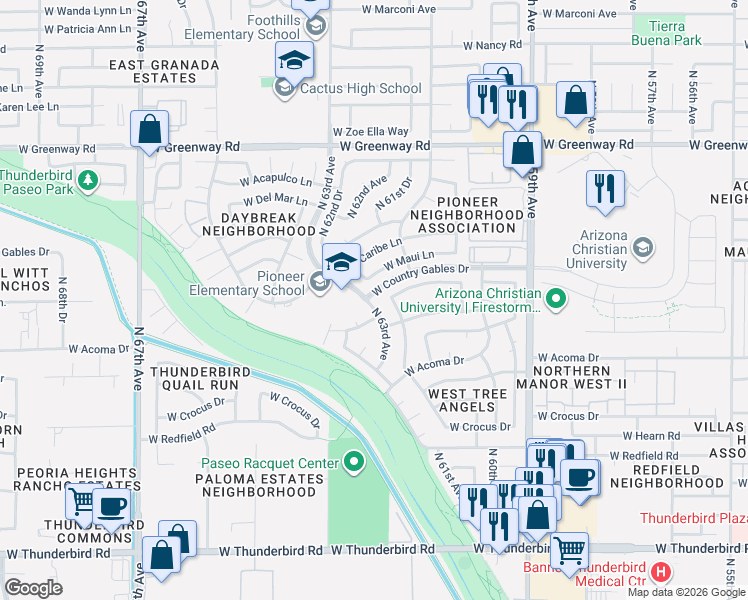 map of restaurants, bars, coffee shops, grocery stores, and more near 14849 North 63rd Avenue in Glendale