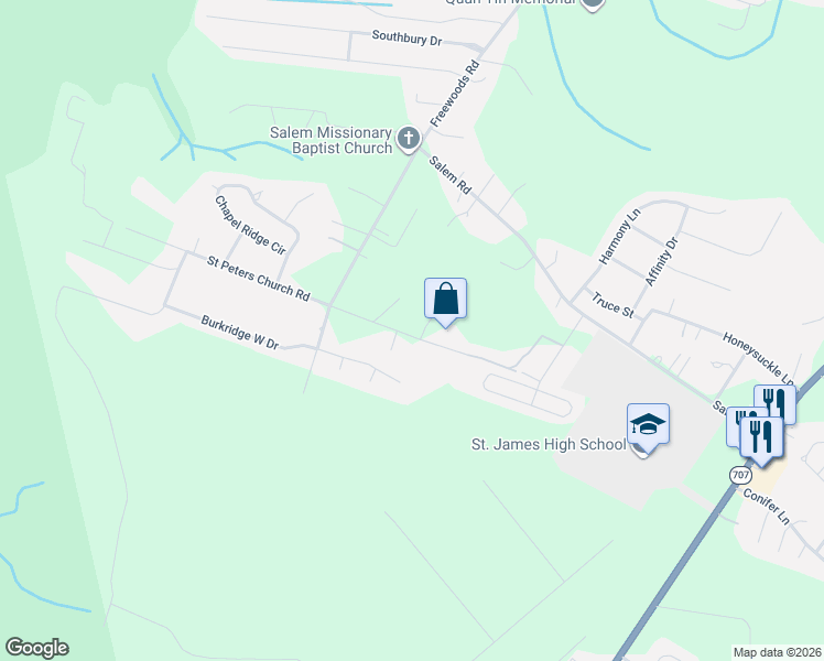 map of restaurants, bars, coffee shops, grocery stores, and more near 6165A Saint Peters Church Road in Myrtle Beach