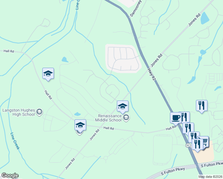 map of restaurants, bars, coffee shops, grocery stores, and more near 515 Shire Lane in Fairburn