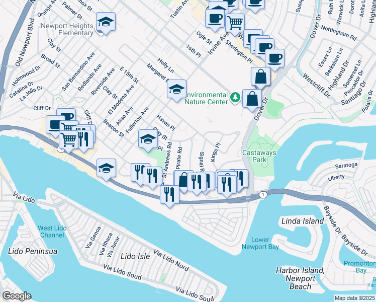 map of restaurants, bars, coffee shops, grocery stores, and more near 411 Snug Harbor Road in Newport Beach