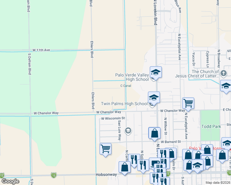 map of restaurants, bars, coffee shops, grocery stores, and more near 11333 Desert Trailways Lane in Blythe