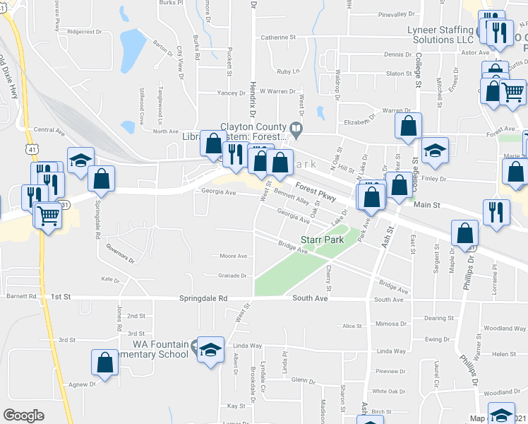 map of restaurants, bars, coffee shops, grocery stores, and more near 615 Georgia Avenue in Forest Park