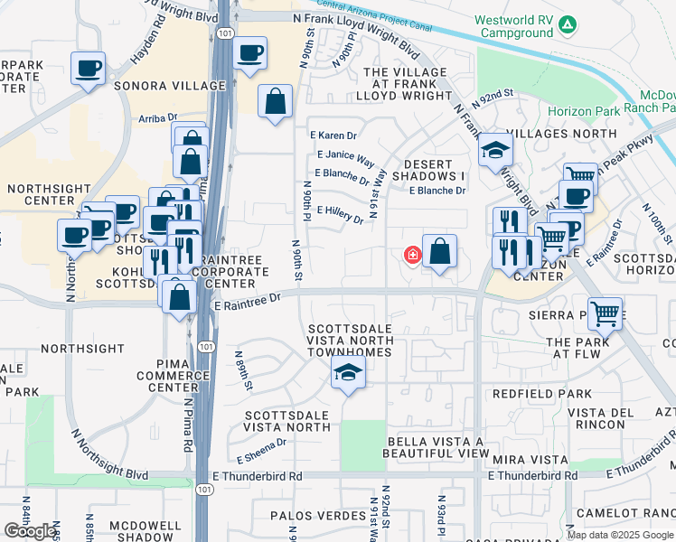 map of restaurants, bars, coffee shops, grocery stores, and more near 9100 East Raintree Drive in Scottsdale