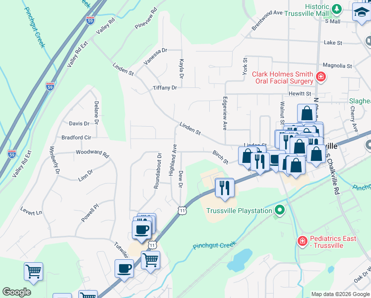 map of restaurants, bars, coffee shops, grocery stores, and more near 526 Birch Street in Trussville