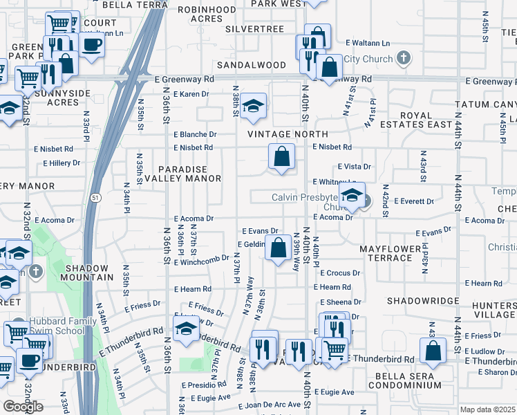 map of restaurants, bars, coffee shops, grocery stores, and more near 3829 East Everett Drive in Phoenix