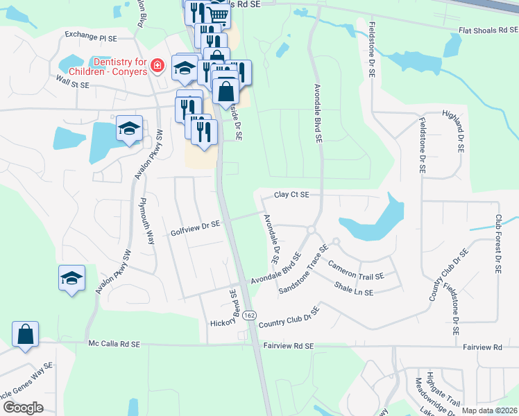 map of restaurants, bars, coffee shops, grocery stores, and more near 3143 Avondale Drive Southeast in Conyers