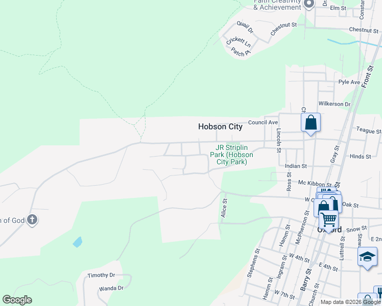 map of restaurants, bars, coffee shops, grocery stores, and more near 605 Bradford Street in Anniston