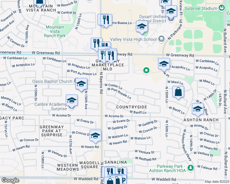 map of restaurants, bars, coffee shops, grocery stores, and more near 15435 West Port Royale Lane in Surprise