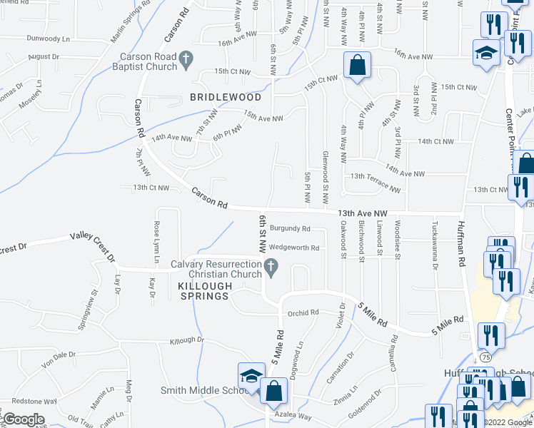 map of restaurants, bars, coffee shops, grocery stores, and more near 461 13th Avenue Northwest in Center Point