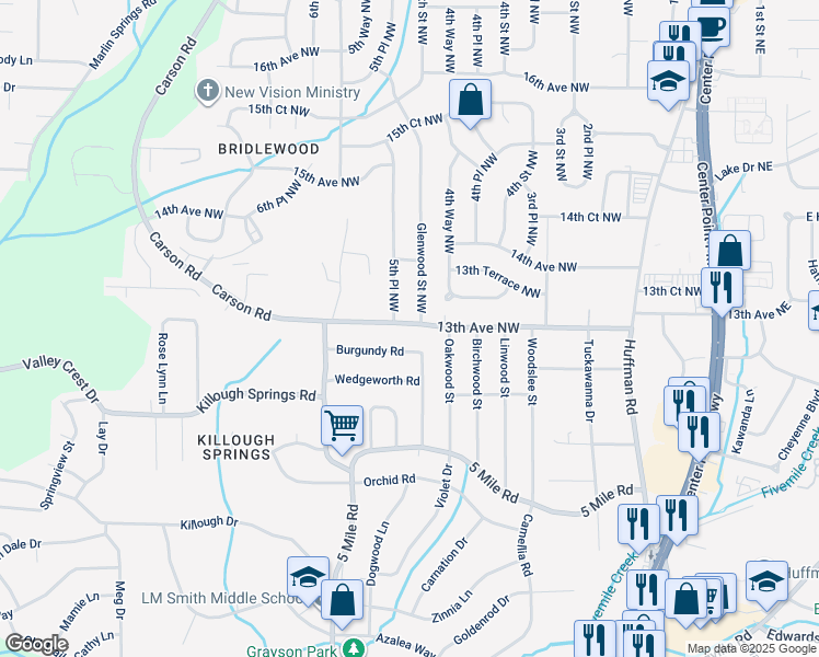 map of restaurants, bars, coffee shops, grocery stores, and more near 405 13th Avenue Northwest in Center Point